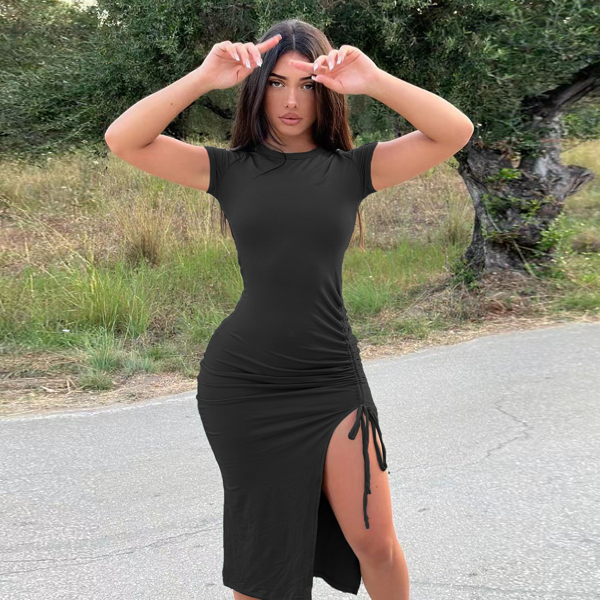 Black Drawstring Slit Dress