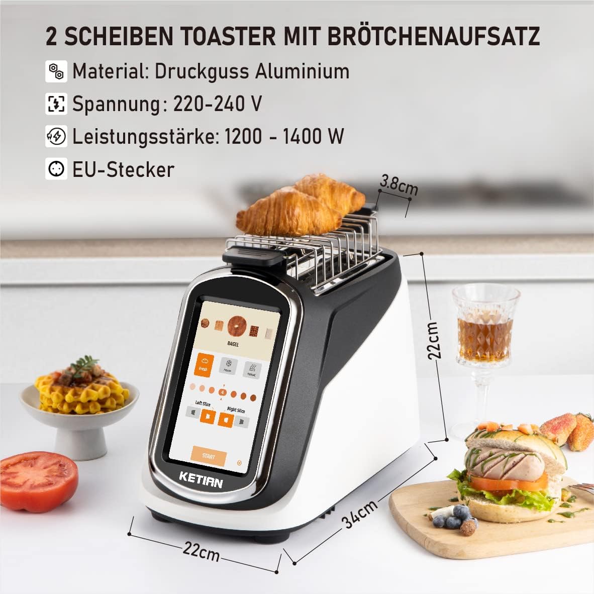 Smart Toaster, Touchscreen, KETIAN Toaster, automatisches Heben und Senken, wärmeisoliertes Gehäuse, 7 Bräunungsstufen, abnehmbare Krümel Schublade, 1400 W
