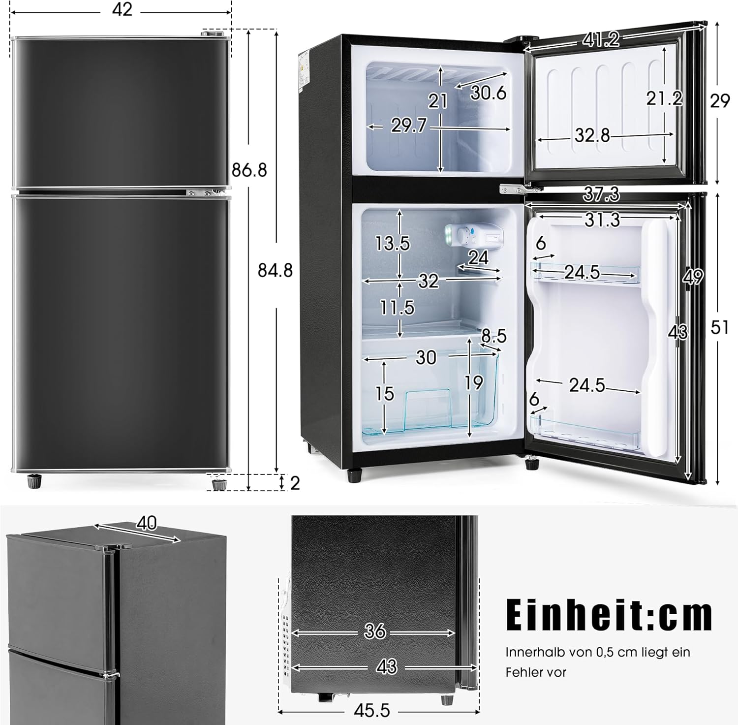 Merax Kühlschrank mit Gefrierfach, Kühl-Gefrierkombination, klein Kühlschrank mit 51L und Gefrierschrank 21L, Leise, LED, Glasablagen, Gemüsefach, Türablagen, für Küche, Wohnzimmer, Büro, Schwarz