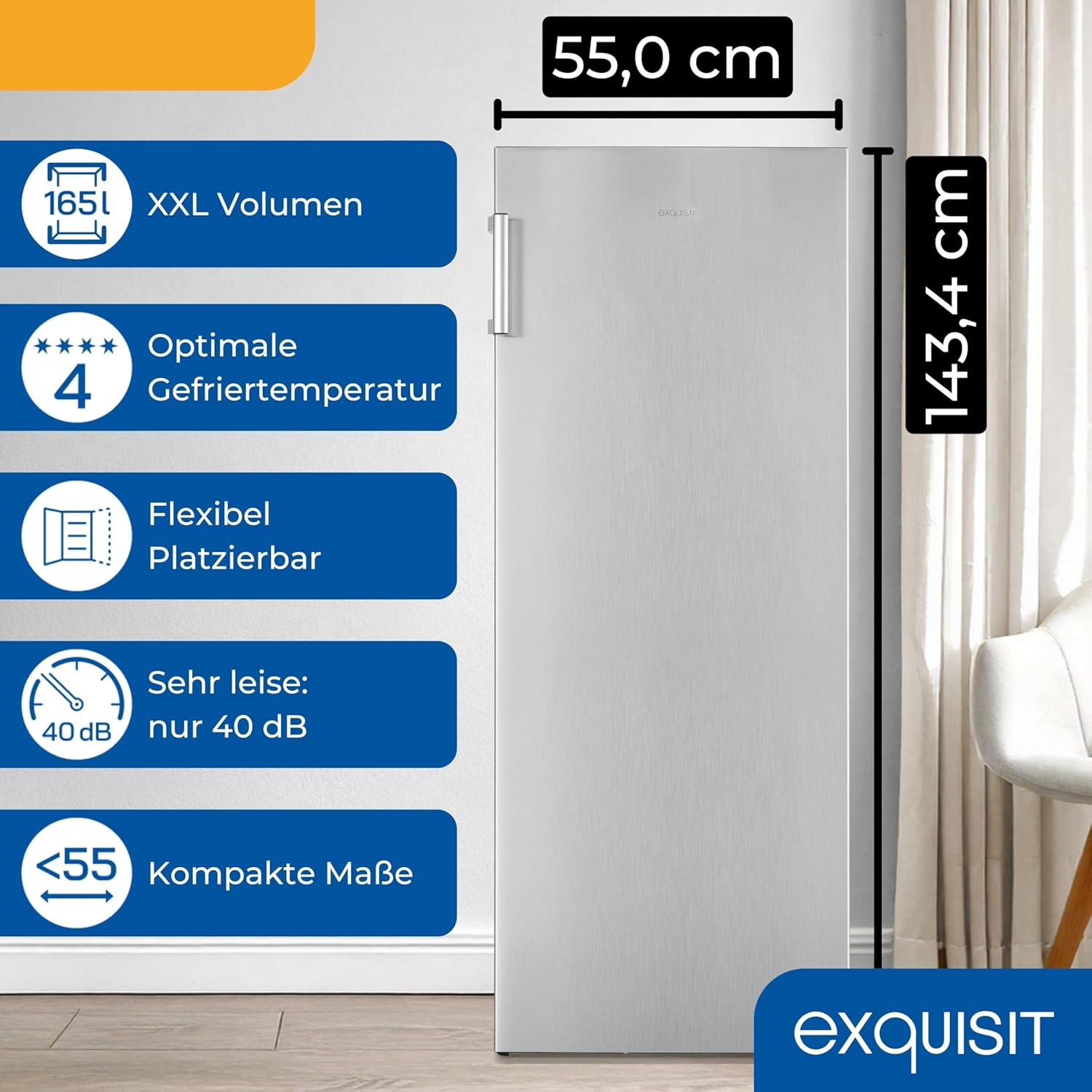 Exquisit Gefrierschrank, 4-Sterne-Gefrieren, Tiefkühlschrank, Gefrierschrank groß, 165 Liter, 55 cm breit, GS5230-H-010E weiss