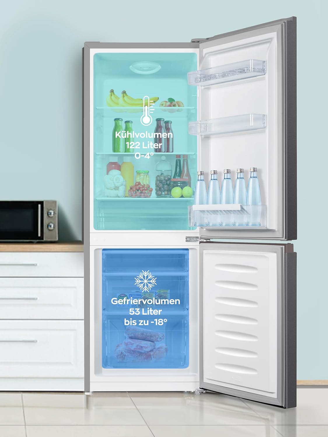 Heinrich´s Kühlgefrierkombination 175Liter, Kühlvolumen 122L, Gefrierfach 53L,LED Innenraumbeleuchtung, Kühlschrank Türanschlag wechselbar, leise 39dB,große Tiefkühlboxen, 7 Temperaturstufen, schwarz