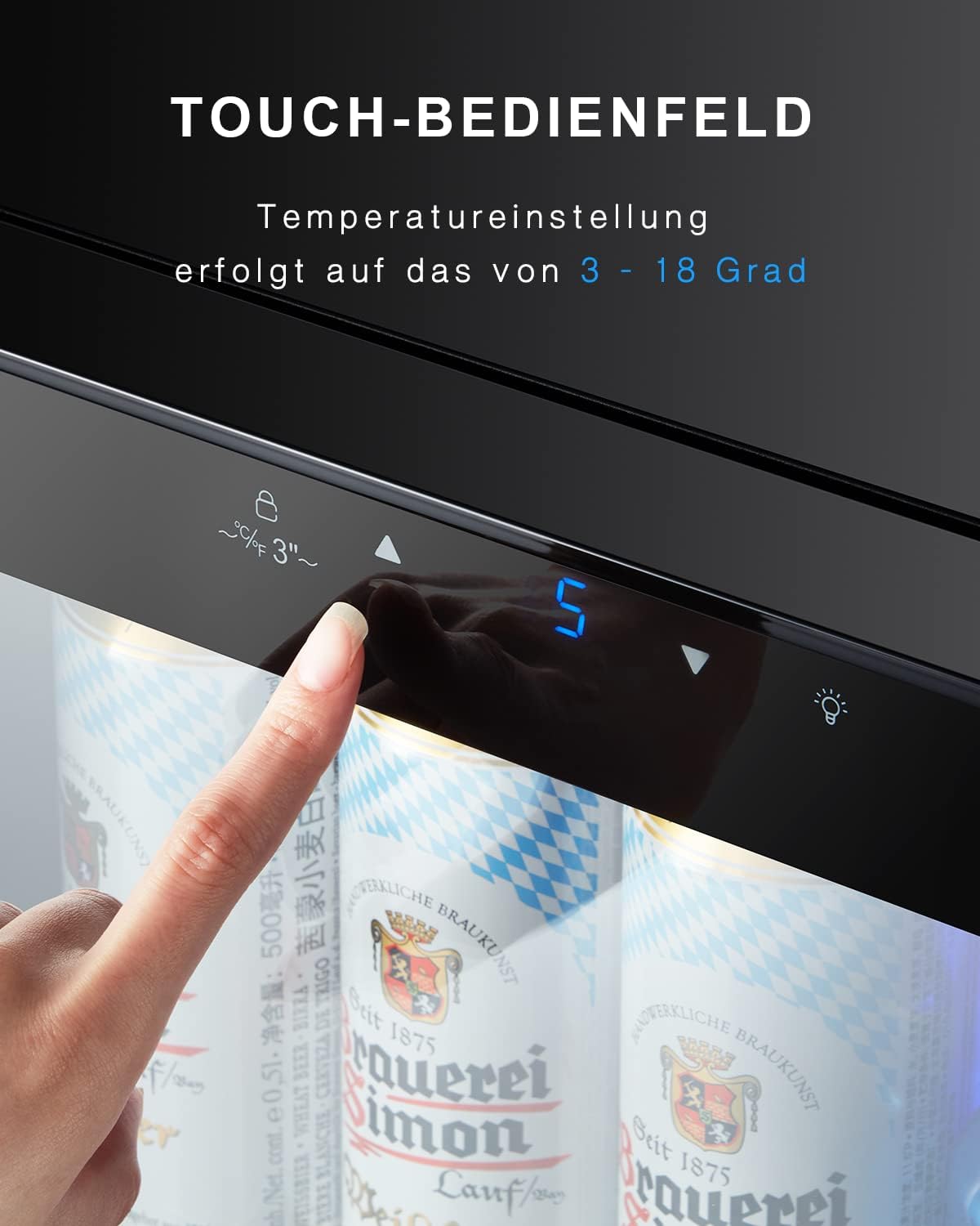 Kalamera Getränkekühlschrank, Bierkühlschrank mit Touch-Bedienfeld, 3-18°C Kühlzone, Flaschenkühlschrank 86 Liter, Blaue LED-Innenbeleuchtung, 41 dB, KRC-86GE