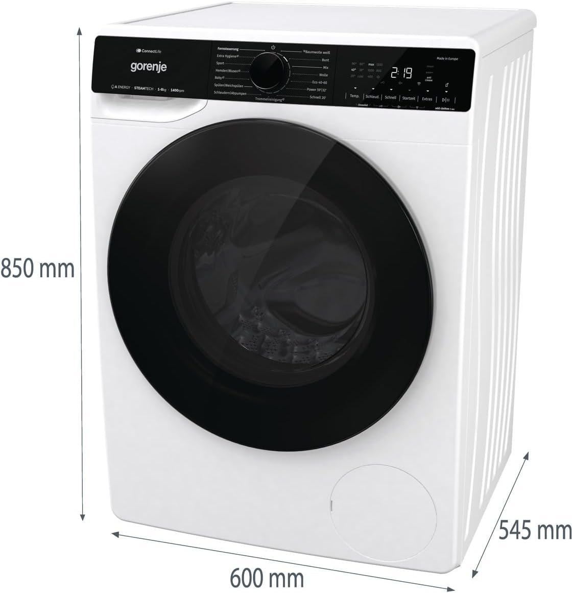 Gorenje WPNA 84 SATSWIFI Waschmaschine mit Dampffunktion / 8 kg / 1400 U/Slim Line/ConnectLife WiFi/Total AuaStop/Inverter PowerDrive Motor/Edelstahltrommel/Kindersicherung/EEK A