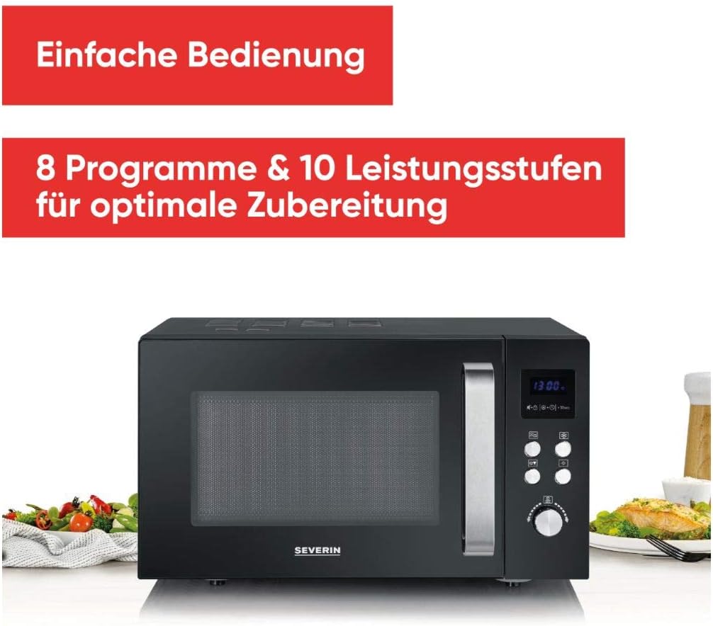 SEVERIN Solo Mikrowelle, Mikrowellengerät zum Auftauen, Garen und Erhitzen, Mikrowelle mit Drehteller für gleichmäßige Wärmeverteilung, schwarz / Edelstahl, MW 7756
