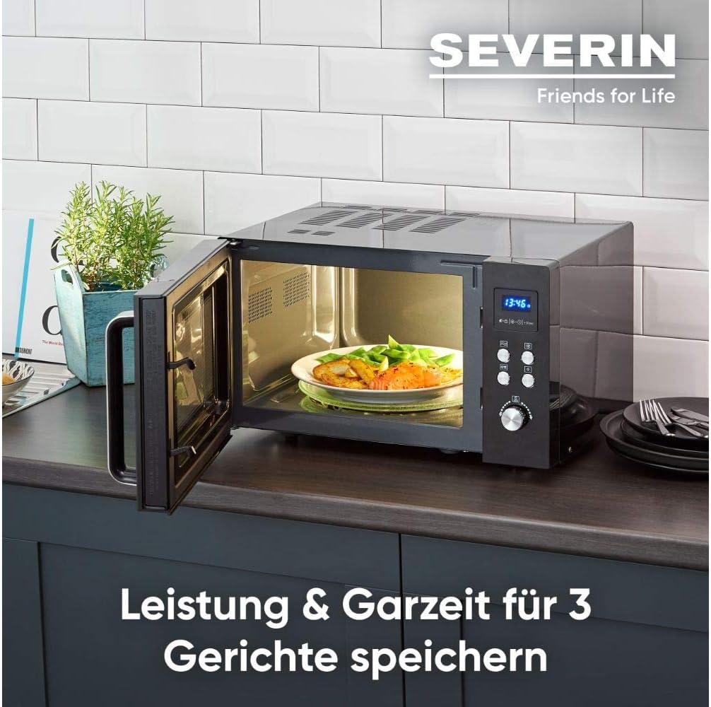 SEVERIN Solo Mikrowelle, Mikrowellengerät zum Auftauen, Garen und Erhitzen, Mikrowelle mit Drehteller für gleichmäßige Wärmeverteilung, schwarz / Edelstahl, MW 7756