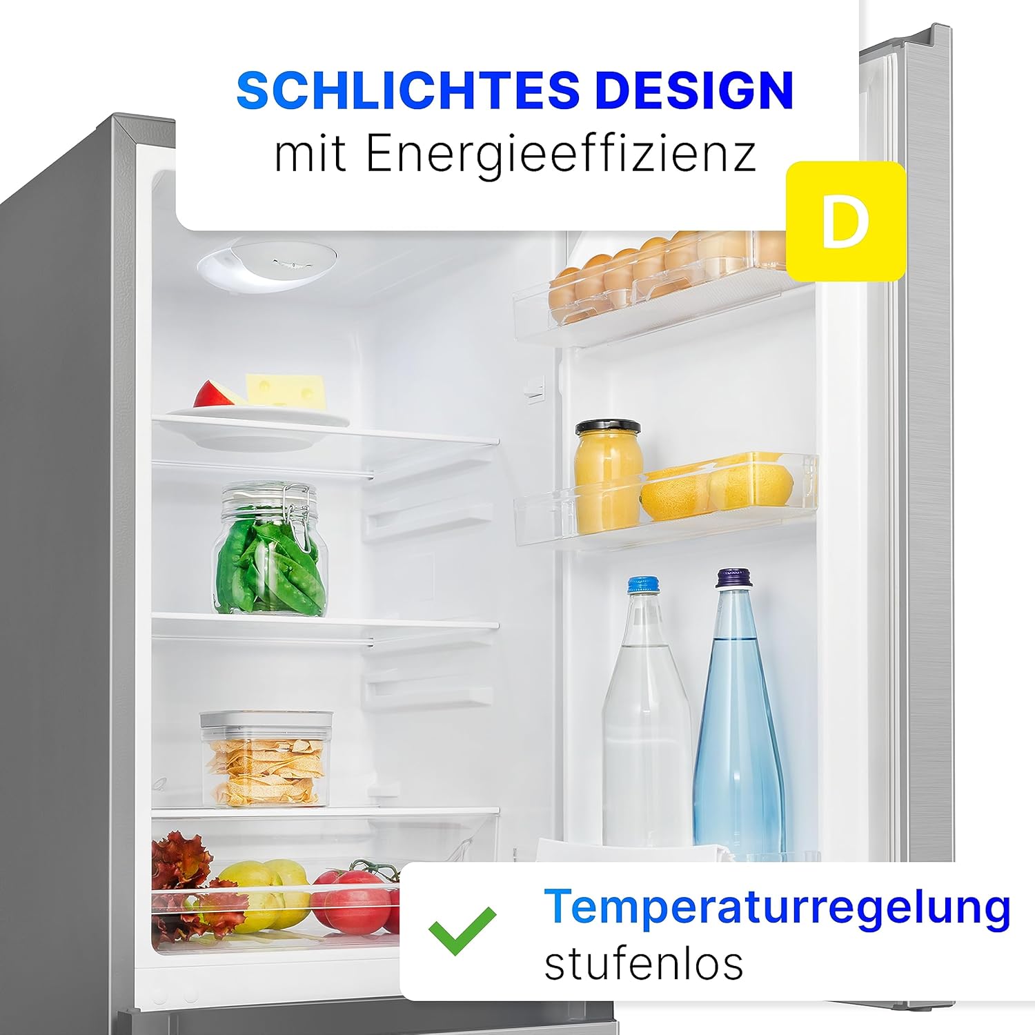 Bomann® Kühlschrank mit Gefrierfach 143cm hoch | Kühl Gefrierkombination 175L mit 3 Ablagen & 3 Schubladen | Türanschlag wechselbar | leise Kühlgefrierkombi 39db | Kühlschrank KG 322.1 inox-look