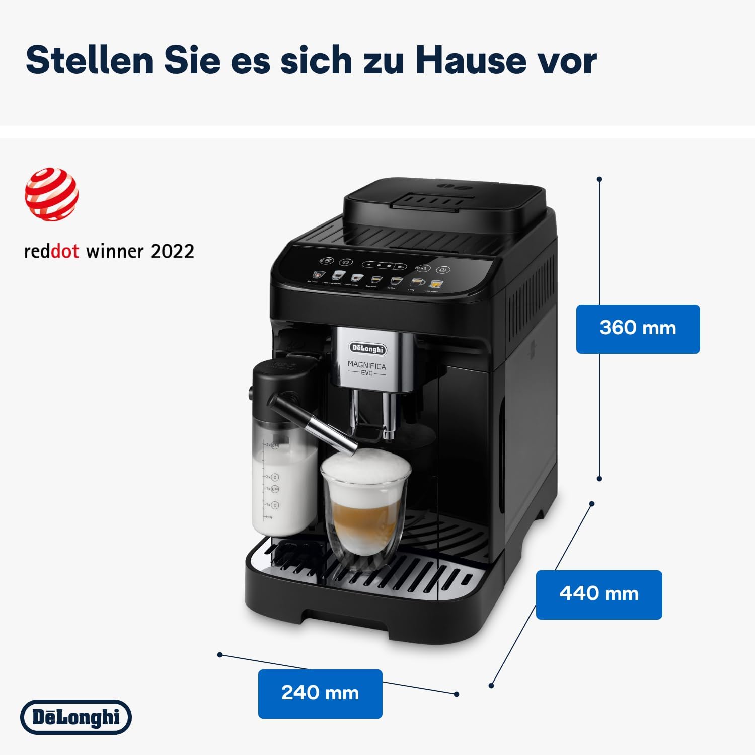 De'Longhi Magnifica Evo ECAM 292.81.B Kaffeevollautomat mit LatteCrema Milchsystem, 7 Direktwahltasten für Cappuccino, Espresso und weitere Kaffeespezialitten, 2-Tassen-Funktion, Schwarz