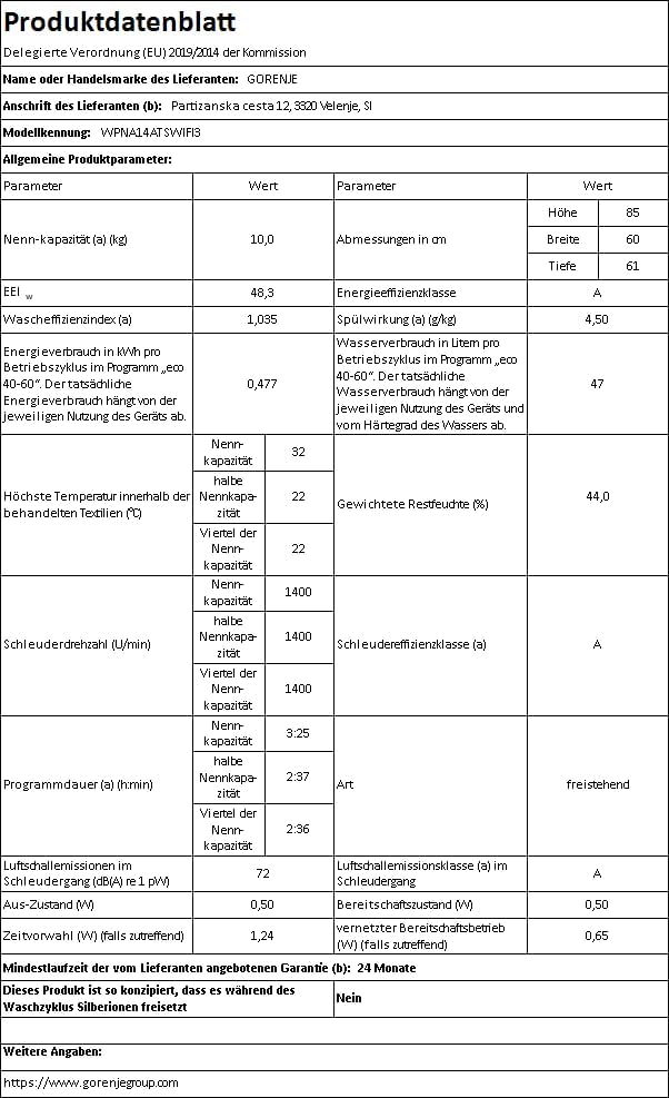 Gorenje WPNA 84 SATSWIFI Waschmaschine mit Dampffunktion / 8 kg / 1400 U/Slim Line/ConnectLife WiFi/Total AuaStop/Inverter PowerDrive Motor/Edelstahltrommel/Kindersicherung/EEK A