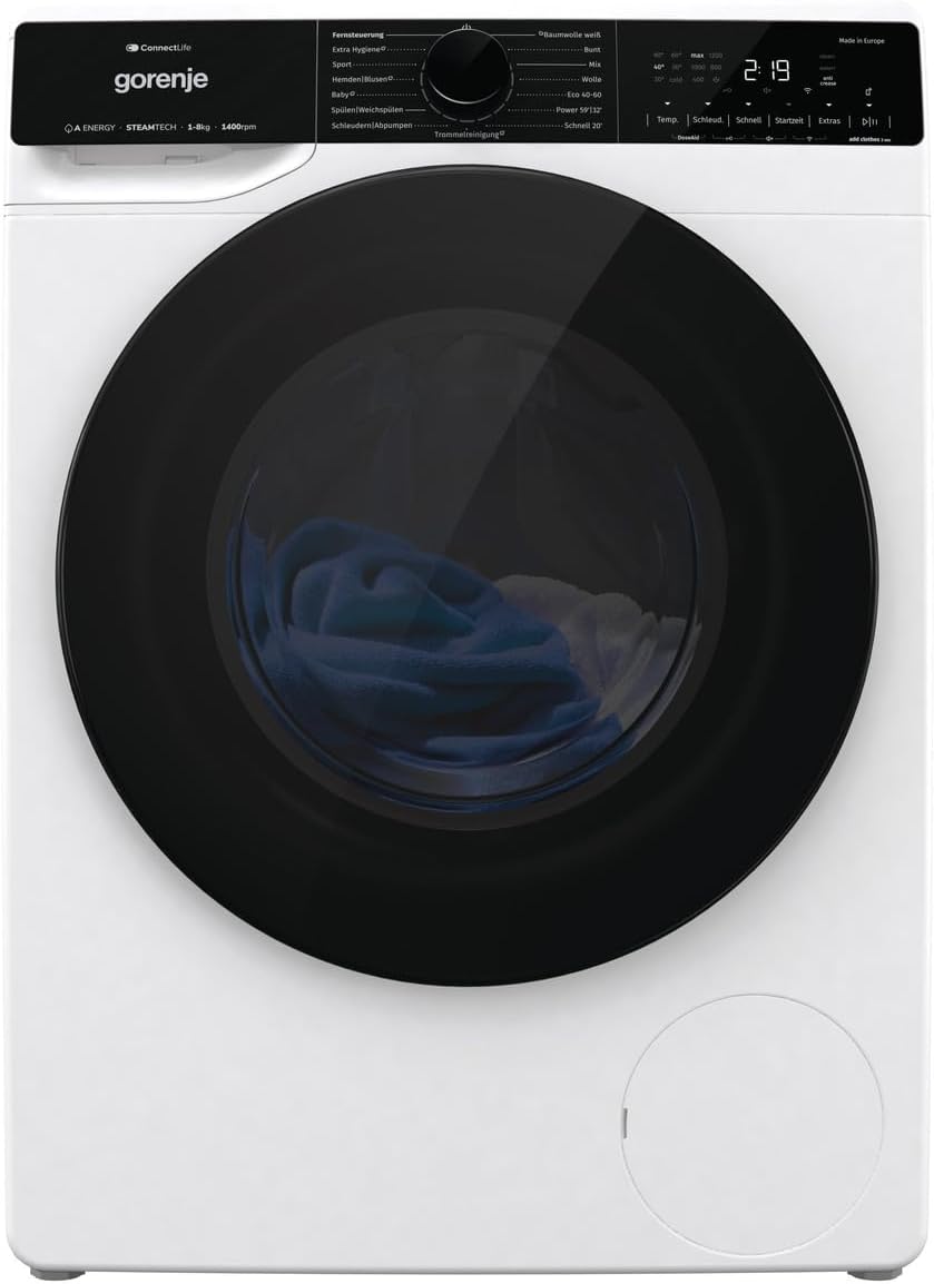 Gorenje WPNA 84 SATSWIFI Waschmaschine mit Dampffunktion / 8 kg / 1400 U/Slim Line/ConnectLife WiFi/Total AuaStop/Inverter PowerDrive Motor/Edelstahltrommel/Kindersicherung/EEK A
