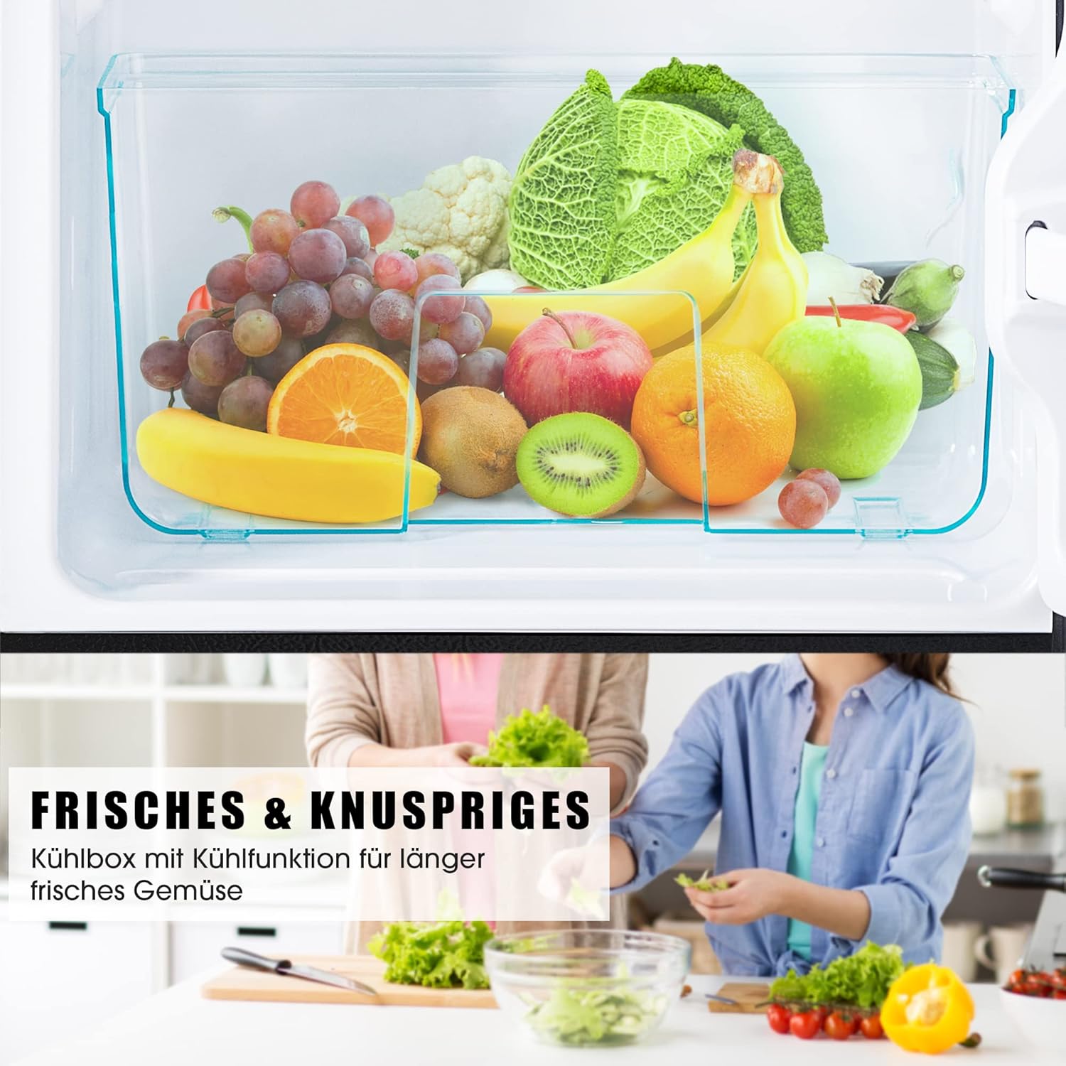 Merax Kühlschrank mit Gefrierfach, Kühl-Gefrierkombination, klein Kühlschrank mit 51L und Gefrierschrank 21L, Leise, LED, Glasablagen, Gemüsefach, Türablagen, für Küche, Wohnzimmer, Büro, Schwarz