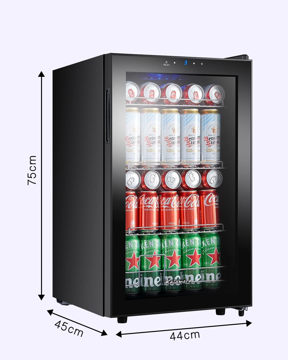 Kalamera Getränkekühlschrank, Bierkühlschrank mit Touch-Bedienfeld, 3-18°C Kühlzone, Flaschenkühlschrank 86 Liter, Blaue LED-Innenbeleuchtung, 41 dB, KRC-86GE
