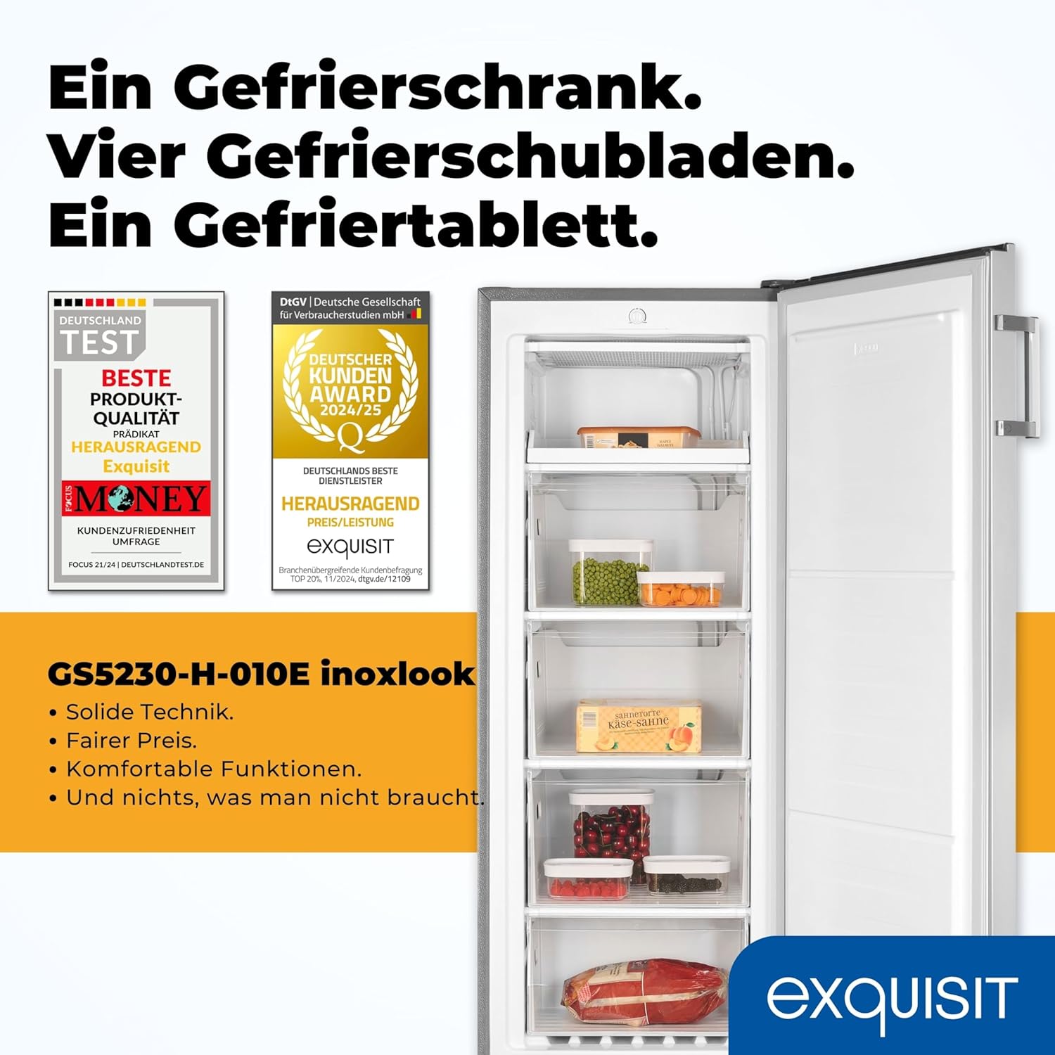 Exquisit Gefrierschrank, 4-Sterne-Gefrieren, Tiefkühlschrank, Gefrierschrank groß, 165 Liter, 55 cm breit, GS5230-H-010E weiss