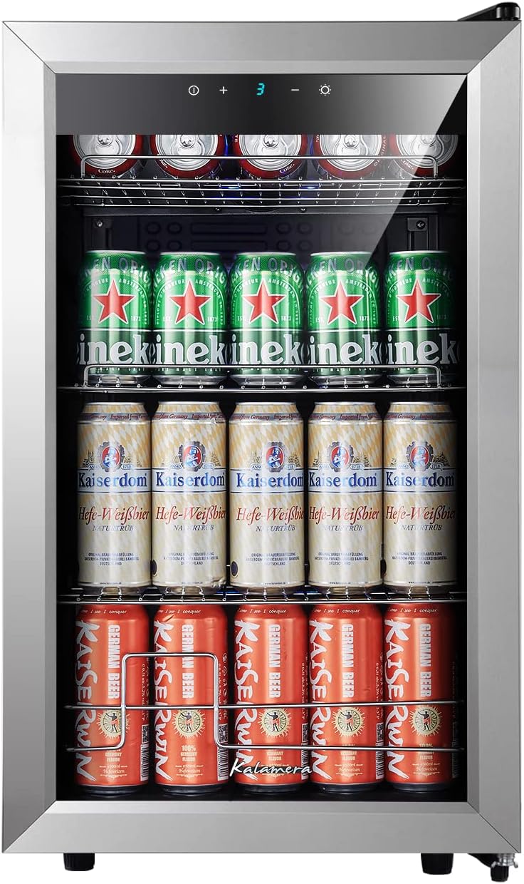 Kalamera Getränkekühlschrank, Bierkühlschrank mit Touch-Bedienfeld, 3-18°C Kühlzone, Flaschenkühlschrank 86 Liter, Blaue LED-Innenbeleuchtung, 41 dB, KRC-86GE
