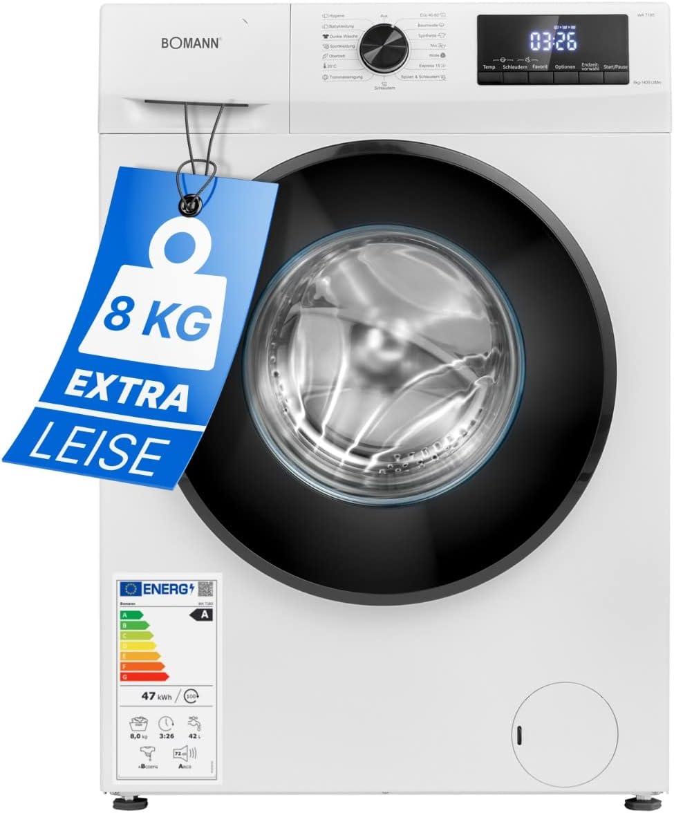 Bomann® Waschmaschine 8kg | max. 1400 U/min | 10 Jahre Motor-Garantie | robuster, leiser & langlebiger Invertermotor | 15 Waschprogramme | LED-Display | Washing Machine mit Dampffunktion | WA 7185