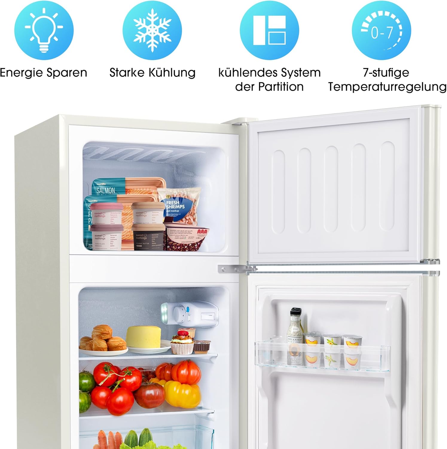 Merax Kühlschrank mit Gefrierfach, Kühl-Gefrierkombination, klein Kühlschrank mit 51L und Gefrierschrank 21L, Leise, LED, Glasablagen, Gemüsefach, Türablagen, für Küche, Wohnzimmer, Büro, Schwarz