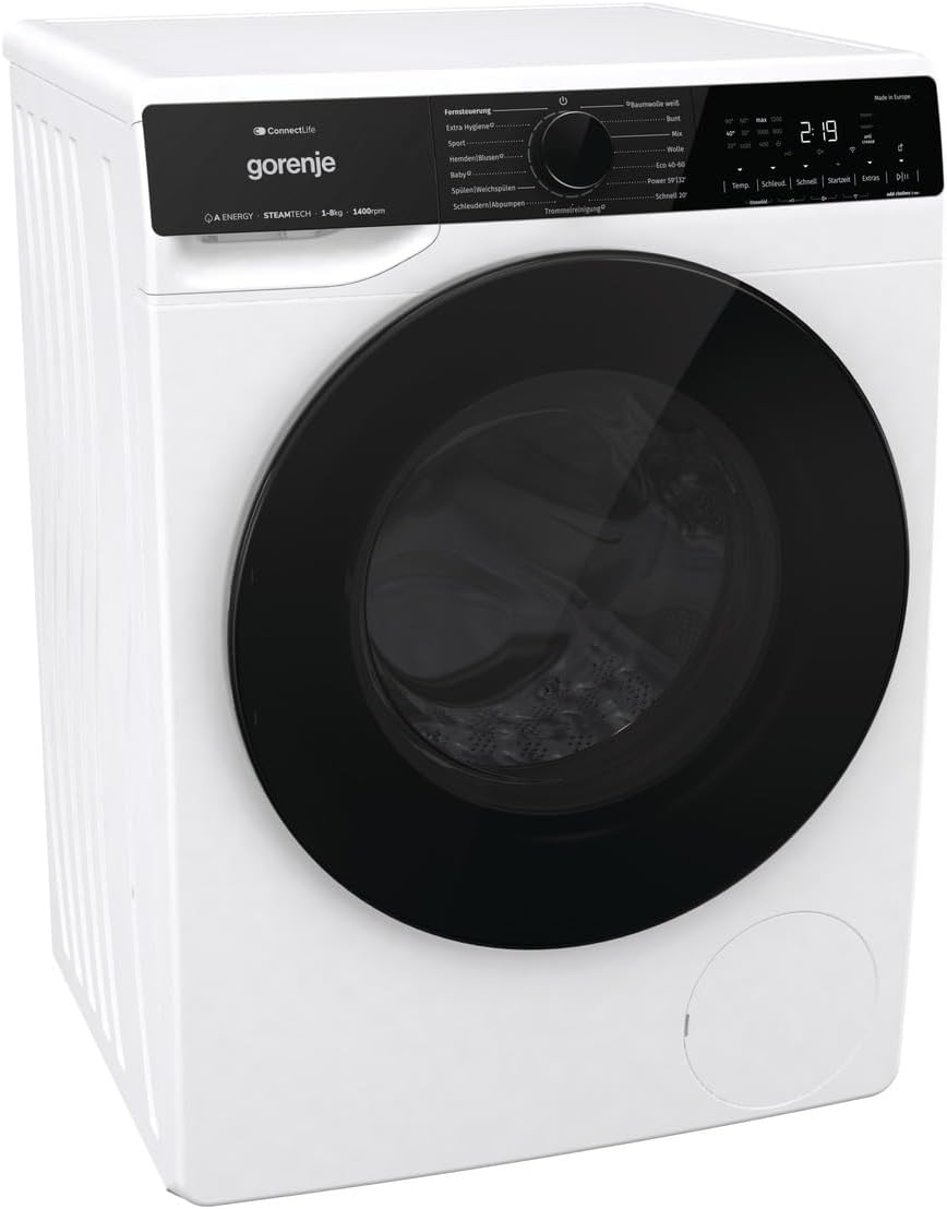 Gorenje WPNA 84 SATSWIFI Waschmaschine mit Dampffunktion / 8 kg / 1400 U/Slim Line/ConnectLife WiFi/Total AuaStop/Inverter PowerDrive Motor/Edelstahltrommel/Kindersicherung/EEK A