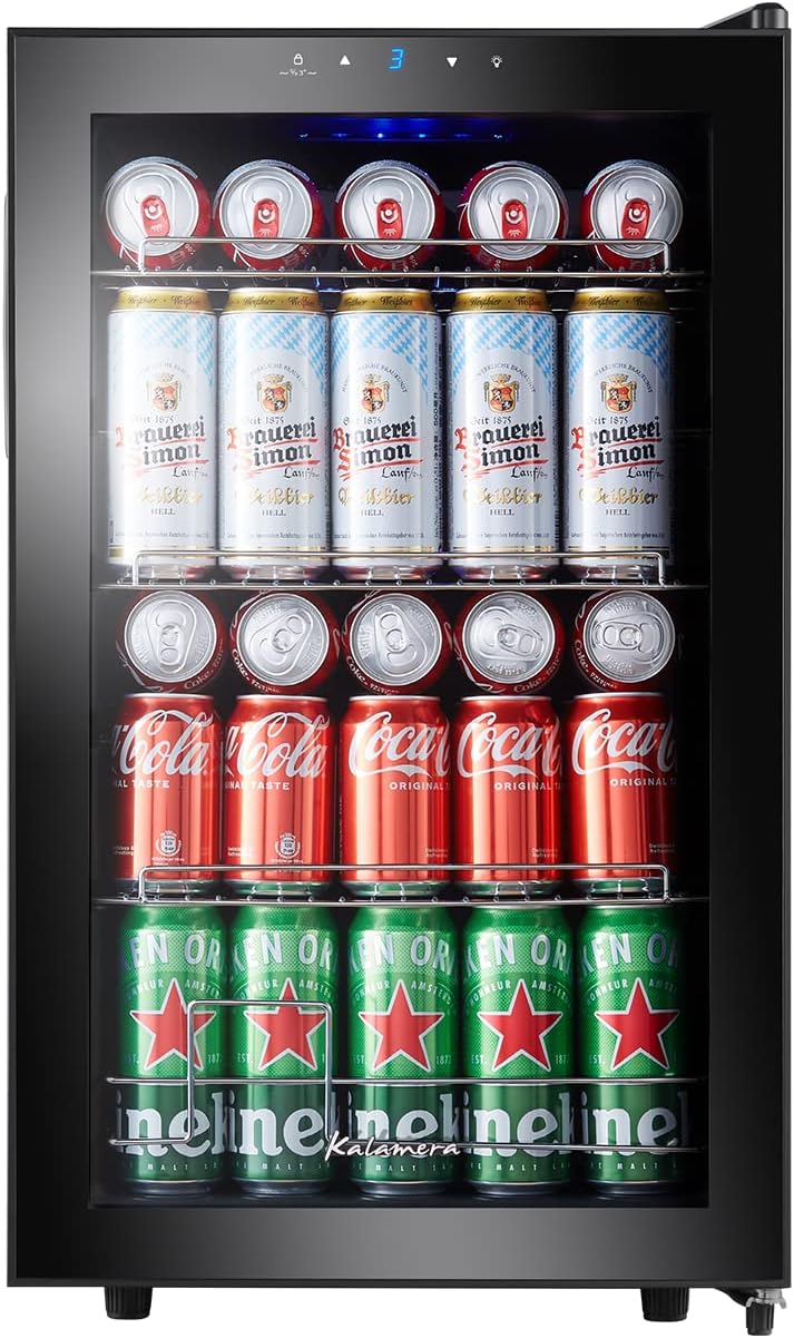 Kalamera Getränkekühlschrank, Bierkühlschrank mit Touch-Bedienfeld, 3-18°C Kühlzone, Flaschenkühlschrank 86 Liter, Blaue LED-Innenbeleuchtung, 41 dB, KRC-86GE