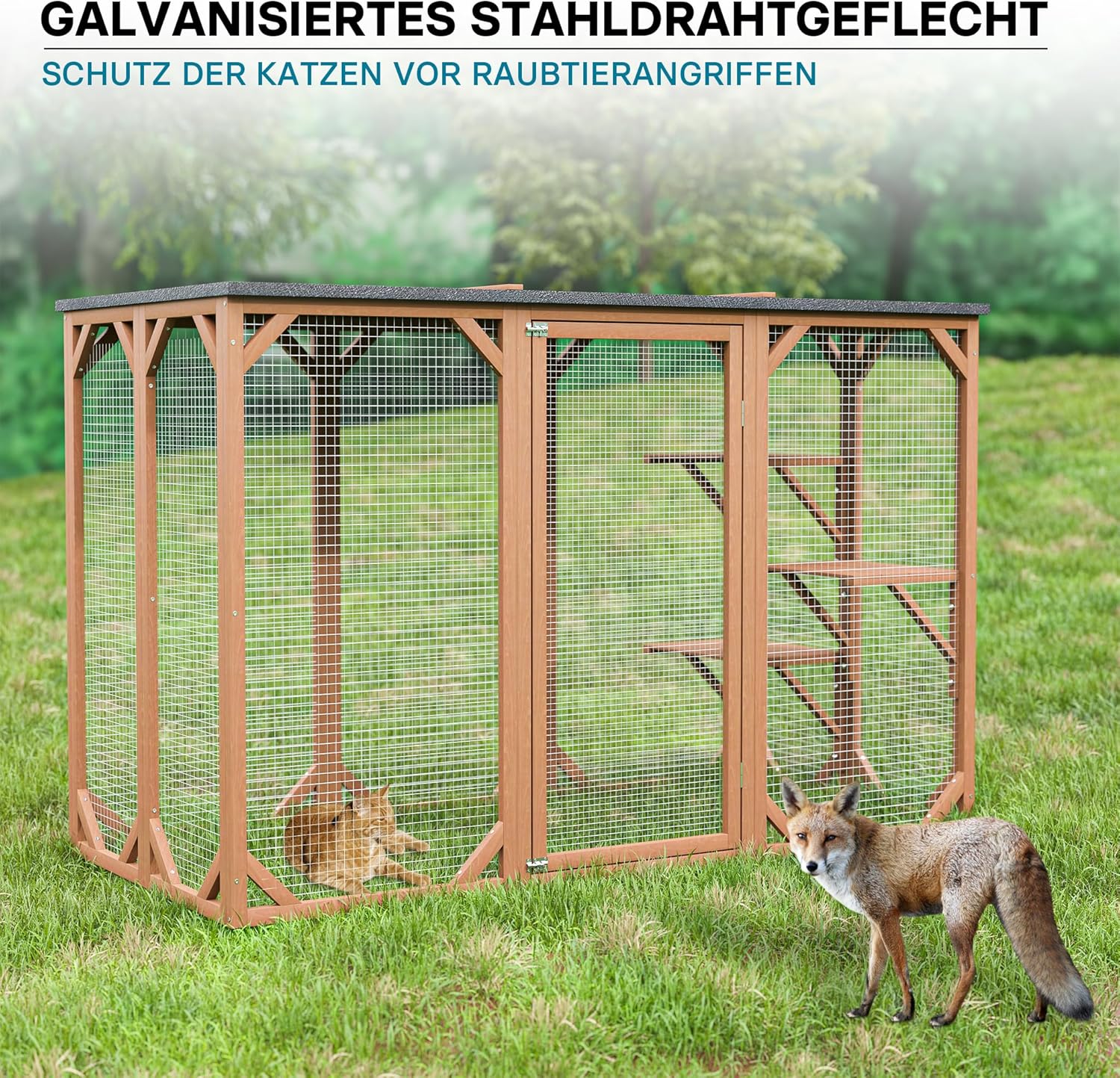 Wiltec Freilaufgehege Katzen 168 x 82 x 166,5 cm mit 6 Liegeflächen, wetterfestes Katzengehege Garten, Katzenhaus mit Drahtgitter und Bitumen Dach