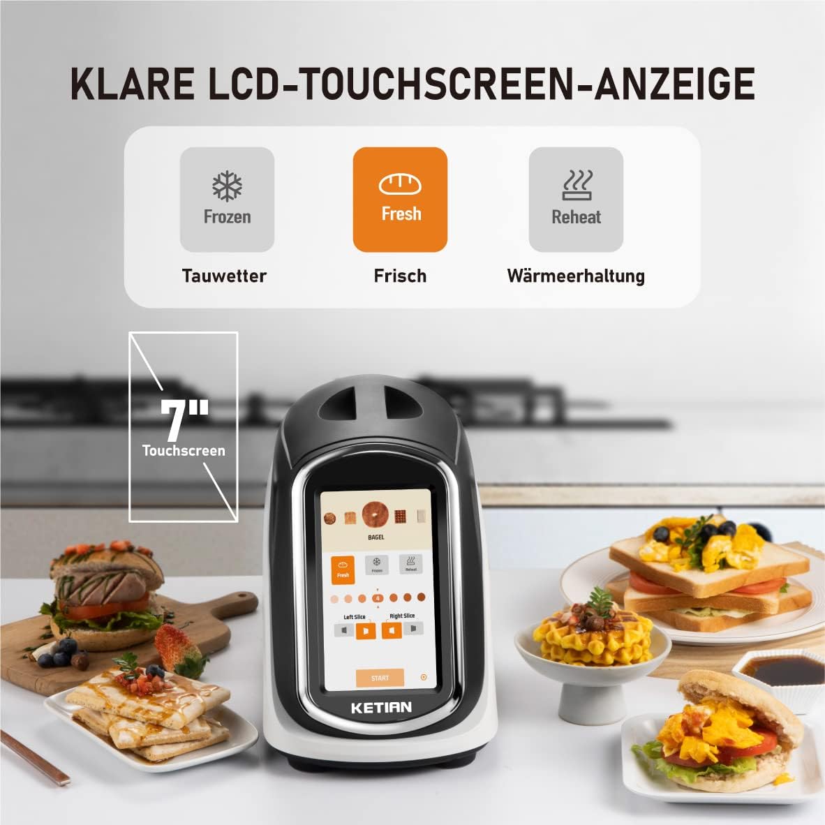 Smart Toaster, Touchscreen, KETIAN Toaster, automatisches Heben und Senken, wärmeisoliertes Gehäuse, 7 Bräunungsstufen, abnehmbare Krümel Schublade, 1400 W