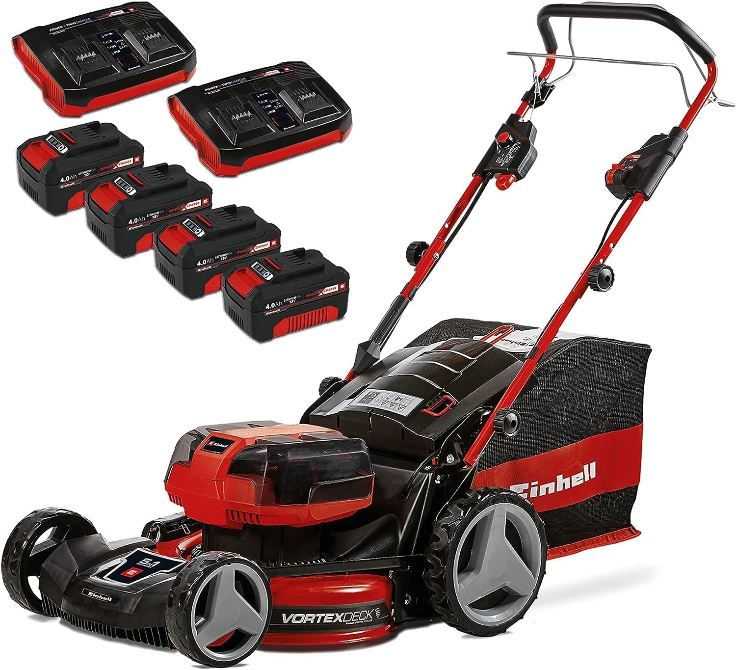 Einhell Akku-Rasenmher GE-CM 36/47 S HW Li Kit Power X-Change (36 V, 47 cm Schnittbreite, bis 700 m, Brushless, Radantrieb, 75 L Fangkorb, inkl. 4x 4,0 Ah + 2x Twincharger)