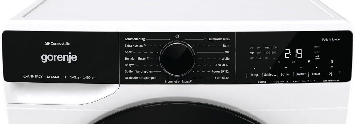 Gorenje WPNA 84 SATSWIFI Waschmaschine mit Dampffunktion / 8 kg / 1400 U/Slim Line/ConnectLife WiFi/Total AuaStop/Inverter PowerDrive Motor/Edelstahltrommel/Kindersicherung/EEK A