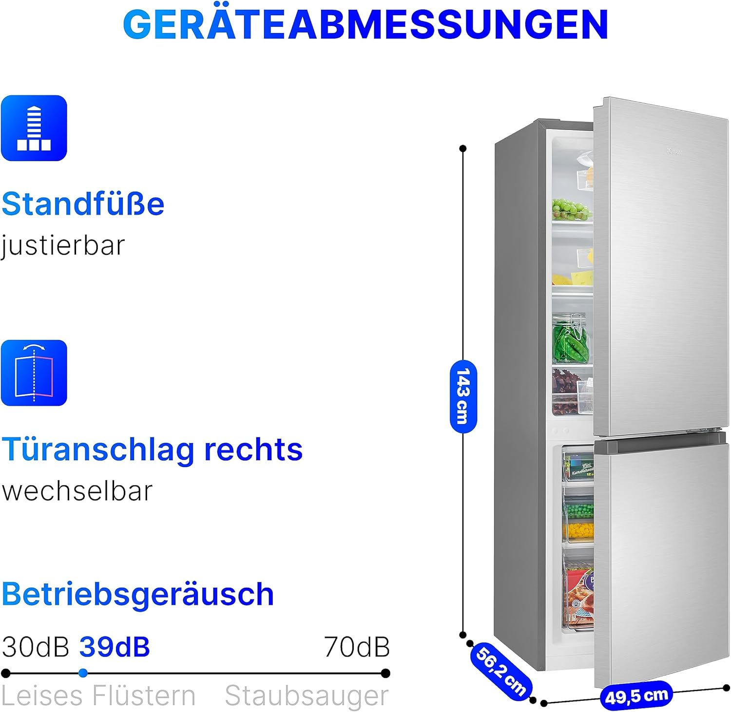 Bomann® Kühlschrank mit Gefrierfach 143cm hoch | Kühl Gefrierkombination 175L mit 3 Ablagen & 3 Schubladen | Türanschlag wechselbar | leise Kühlgefrierkombi 39db | Kühlschrank KG 322.1 inox-look