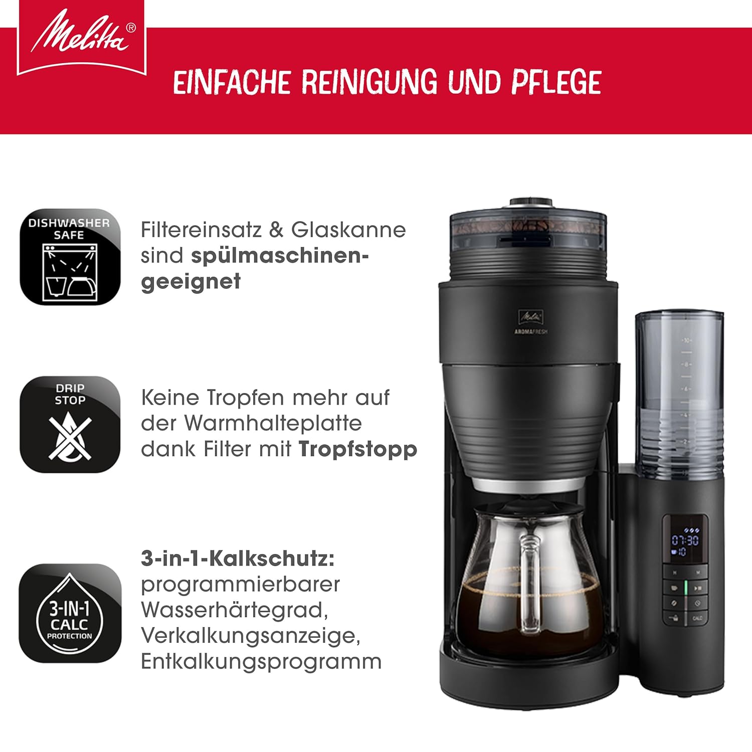 Melitta AromaFresh X - Kaffeemaschine mit Mahlwerk, Filterkaffeemaschine mit Glaskanne und Tropfstopp, für bis zu 10 Tassen Kaffee, schwarz/silber