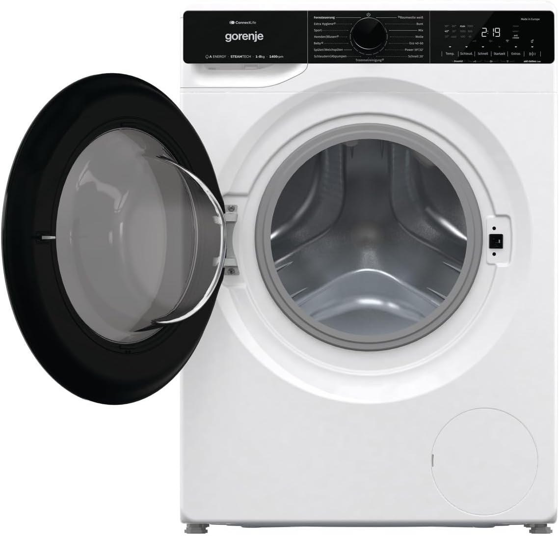 Gorenje WPNA 84 SATSWIFI Waschmaschine mit Dampffunktion / 8 kg / 1400 U/Slim Line/ConnectLife WiFi/Total AuaStop/Inverter PowerDrive Motor/Edelstahltrommel/Kindersicherung/EEK A