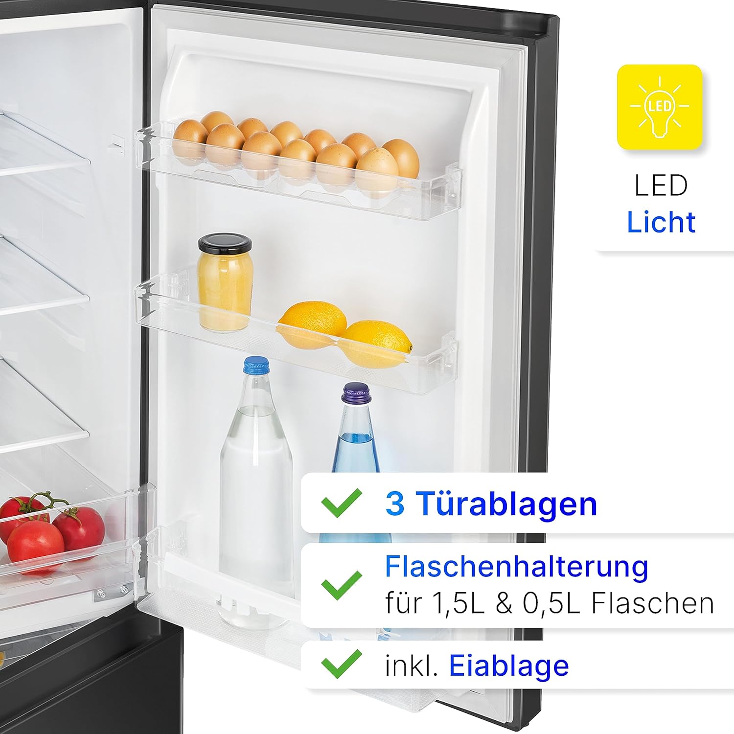 Bomann® Kühlschrank mit Gefrierfach 143cm hoch | Kühl Gefrierkombination 175L mit 3 Ablagen & 3 Schubladen | Türanschlag wechselbar | leise Kühlgefrierkombi 39db | Kühlschrank KG 322.1 inox-look