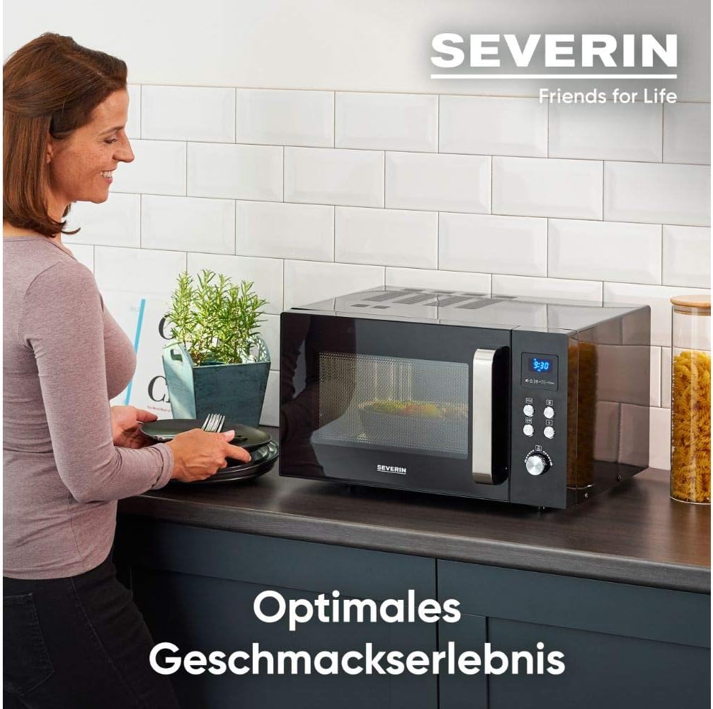SEVERIN Solo Mikrowelle, Mikrowellengerät zum Auftauen, Garen und Erhitzen, Mikrowelle mit Drehteller für gleichmäßige Wärmeverteilung, schwarz / Edelstahl, MW 7756