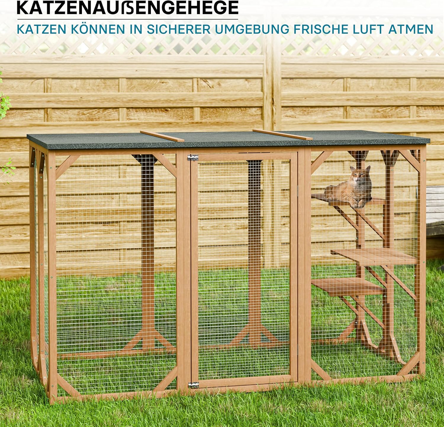 Wiltec Freilaufgehege Katzen 168 x 82 x 166,5 cm mit 6 Liegeflächen, wetterfestes Katzengehege Garten, Katzenhaus mit Drahtgitter und Bitumen Dach