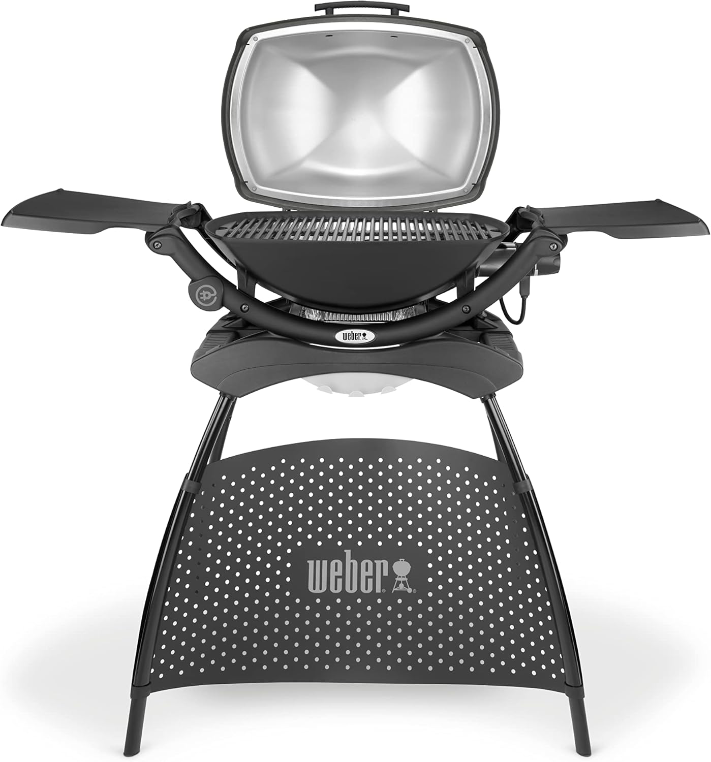 Weber Q2400 Elekrogrill mit Stand + Seitentischen, 54 x 39cm Grillfäche, portable, 2-geteilter porzellanemaillierter Guss-Grillrost, Aluminiumguss Deckel & Gehäuse - Dark Grey (55020879)