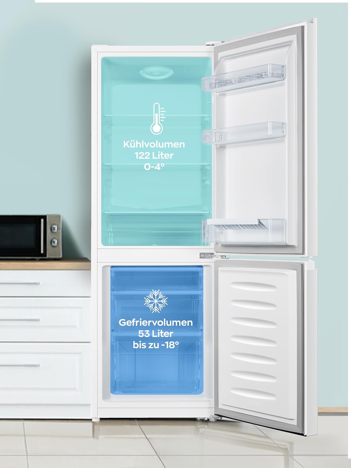 Heinrich´s Kühlgefrierkombination 175Liter, Kühlvolumen 122L, Gefrierfach 53L,LED Innenraumbeleuchtung, Kühlschrank Türanschlag wechselbar, leise 39dB,große Tiefkühlboxen, 7 Temperaturstufen, schwarz