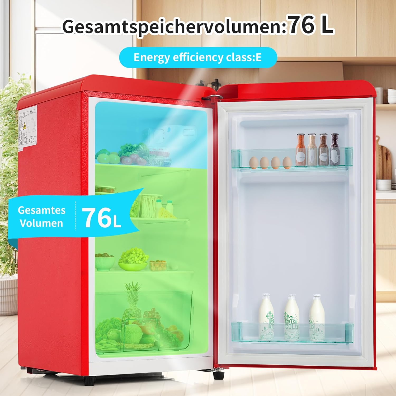 Merax Kühlschrank mit Gefrierfach, Kühl-Gefrierkombination, klein Kühlschrank mit 51L und Gefrierschrank 21L, Leise, LED, Glasablagen, Gemüsefach, Türablagen, für Küche, Wohnzimmer, Büro, Schwarz