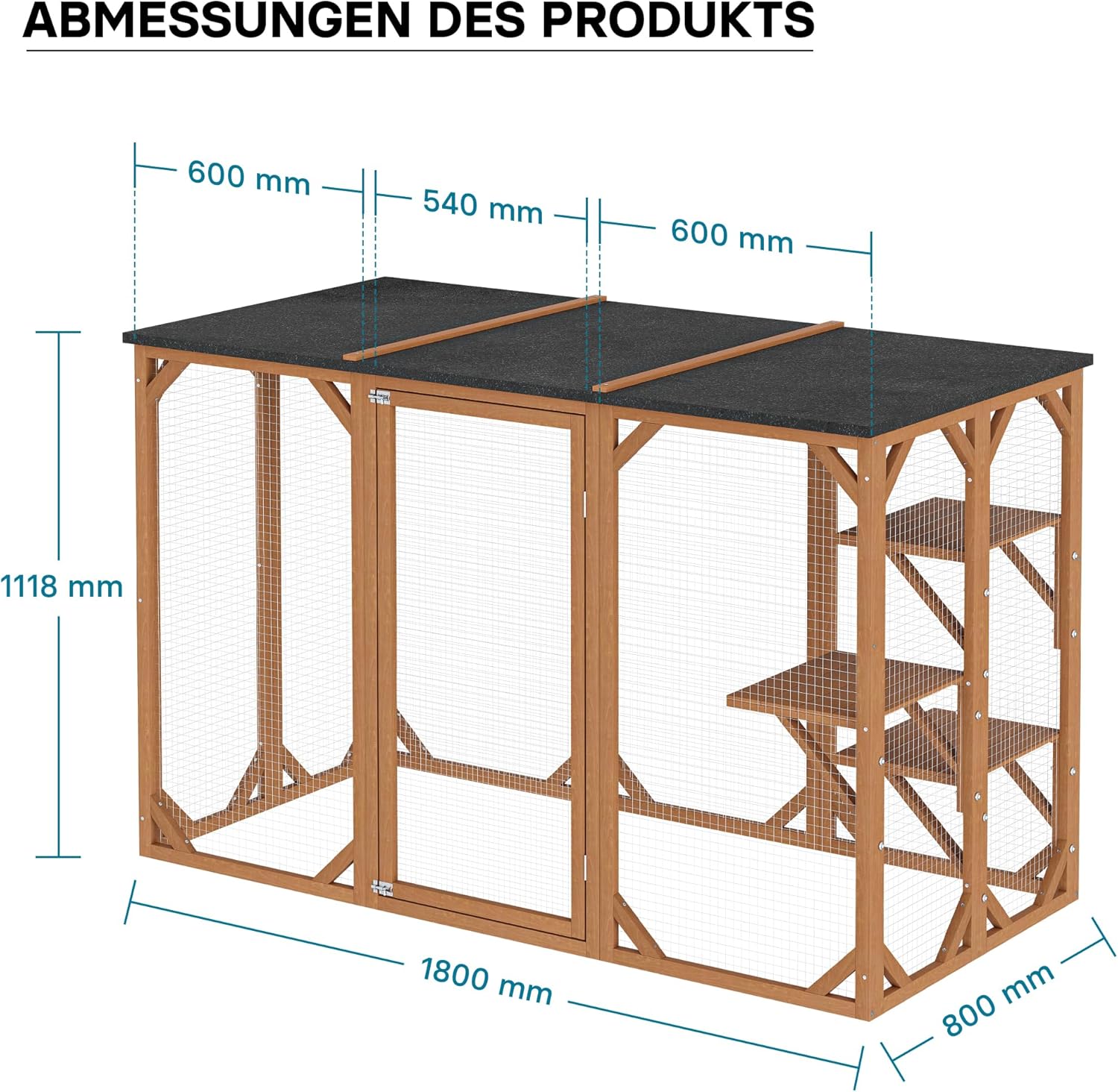 Wiltec Freilaufgehege Katzen 168 x 82 x 166,5 cm mit 6 Liegeflächen, wetterfestes Katzengehege Garten, Katzenhaus mit Drahtgitter und Bitumen Dach