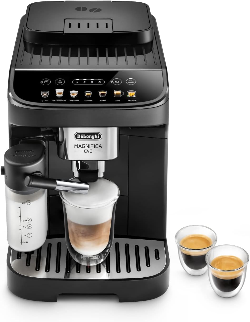 De'Longhi Magnifica Evo ECAM 292.81.B Kaffeevollautomat mit LatteCrema Milchsystem, 7 Direktwahltasten für Cappuccino, Espresso und weitere Kaffeespezialitten, 2-Tassen-Funktion, Schwarz