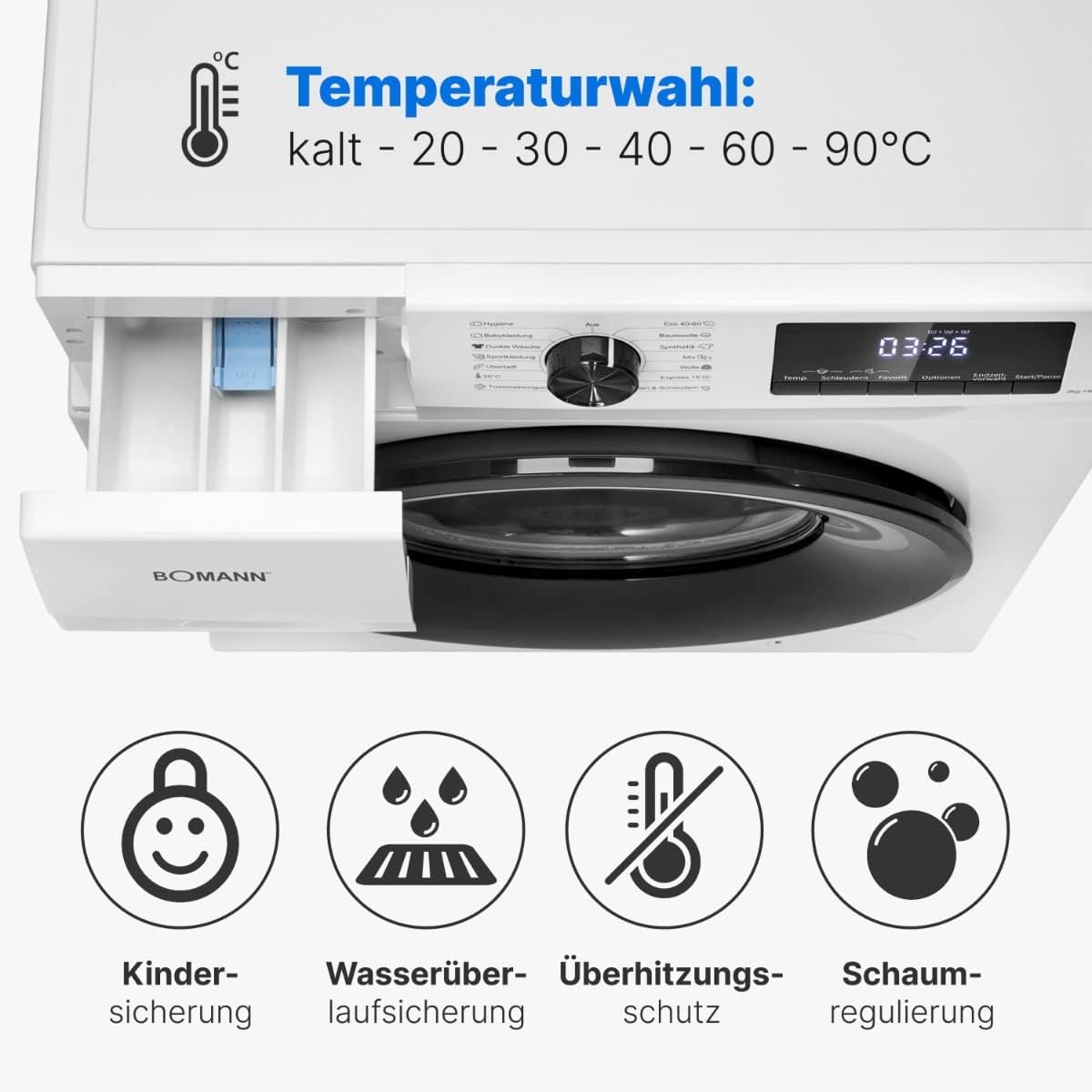 Bomann® Waschmaschine 8kg | max. 1400 U/min | 10 Jahre Motor-Garantie | robuster, leiser & langlebiger Invertermotor | 15 Waschprogramme | LED-Display | Washing Machine mit Dampffunktion | WA 7185