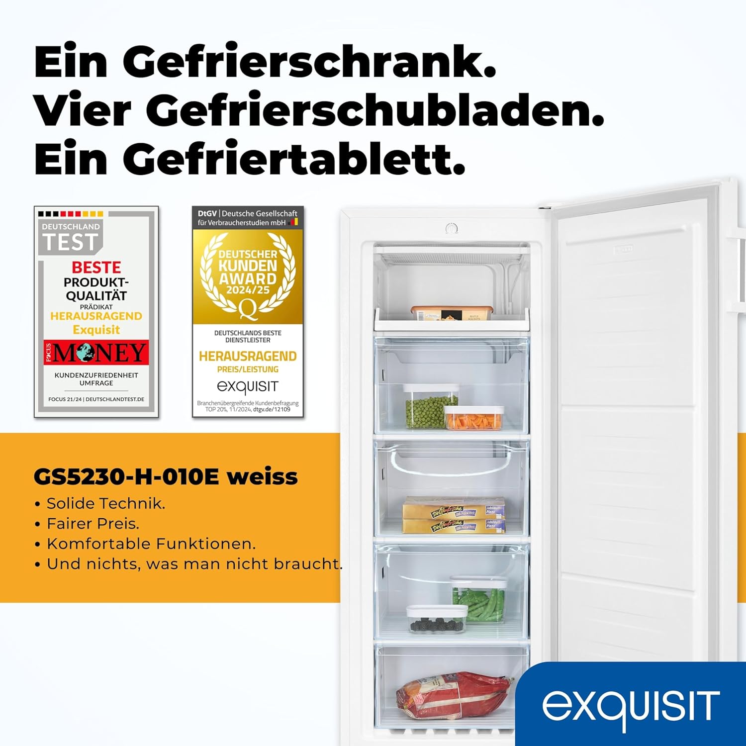 Exquisit Gefrierschrank, 4-Sterne-Gefrieren, Tiefkühlschrank, Gefrierschrank groß, 165 Liter, 55 cm breit, GS5230-H-010E weiss