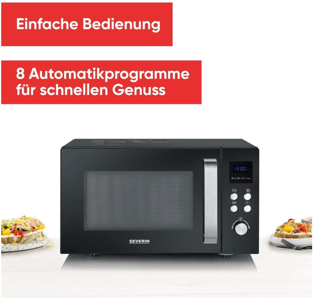 SEVERIN Solo Mikrowelle, Mikrowellengerät zum Auftauen, Garen und Erhitzen, Mikrowelle mit Drehteller für gleichmäßige Wärmeverteilung, schwarz / Edelstahl, MW 7756