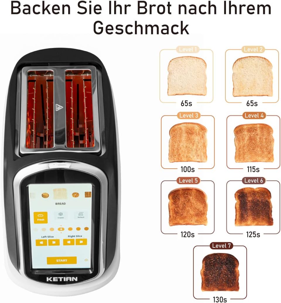 Smart Toaster, Touchscreen, KETIAN Toaster, automatisches Heben und Senken, wärmeisoliertes Gehäuse, 7 Bräunungsstufen, abnehmbare Krümel Schublade, 1400 W