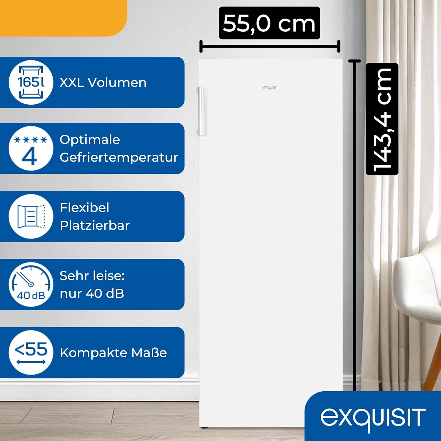 Exquisit Gefrierschrank, 4-Sterne-Gefrieren, Tiefkühlschrank, Gefrierschrank groß, 165 Liter, 55 cm breit, GS5230-H-010E weiss