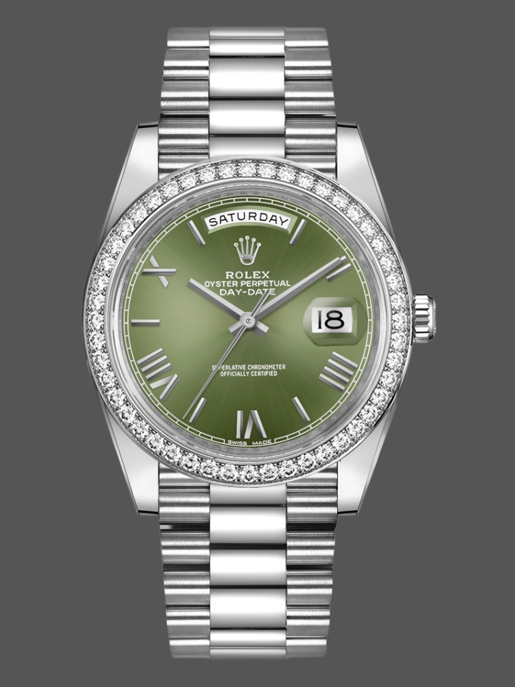 Rolex Day-Date 228349RBR Green Roman Dial Diamond Bezel 40mm Mens Replica Watch