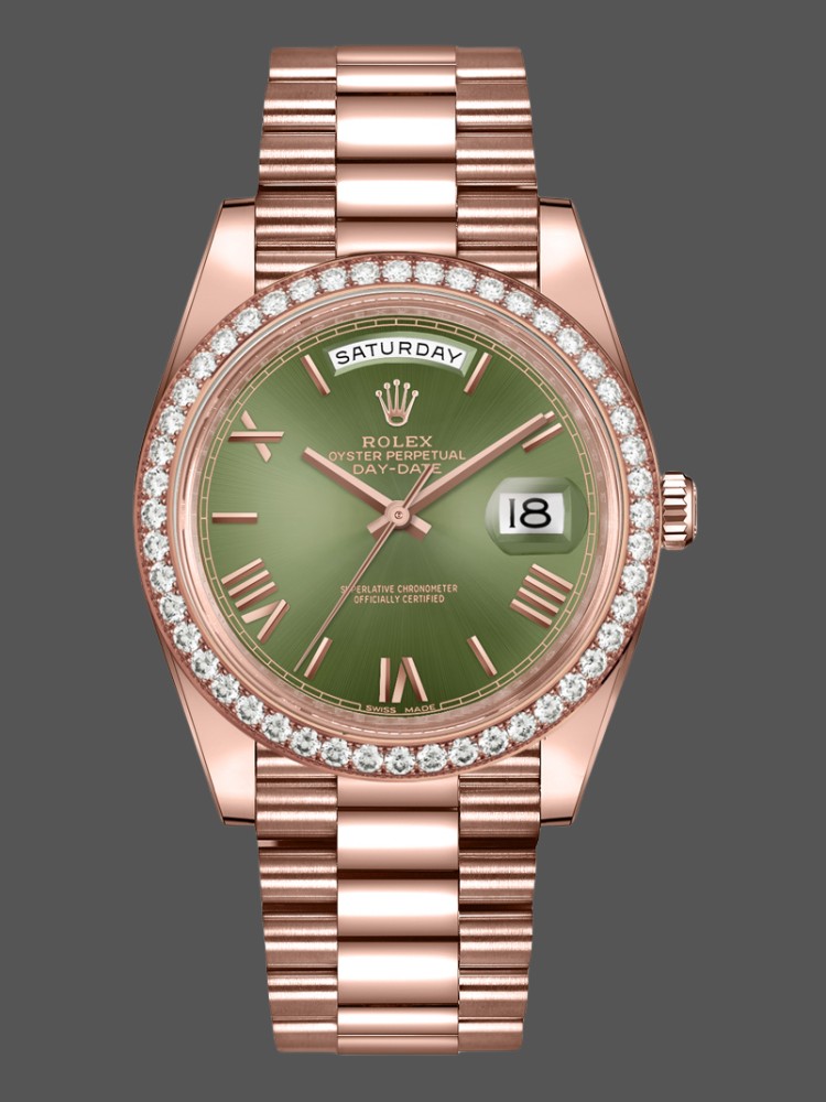 Rolex Day-Date 228345RBR Olive Green Roman Dial Diamond Bezel 40mm Mens Replica Watch