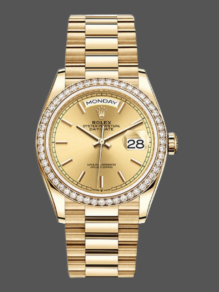 Rolex Day-Date 128348RBR Champagne Index Dial Yellow Gold 36MM Unisex Replica Watch