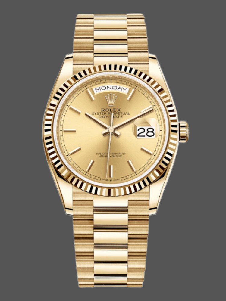 Rolex Day-Date 128238 Fluted Bezel Champagne Index Dial 36MM Unisex Replica Watch
