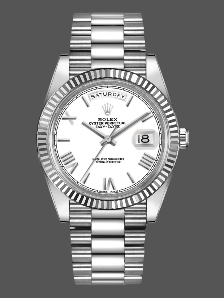 Rolex Day-Date 228239 White Roman Dial Fluted Bezel 40mm Mens Replica Watch