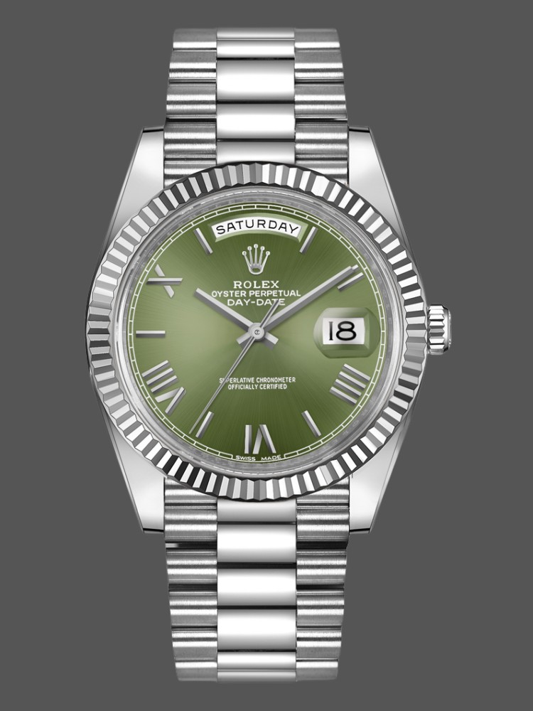 Rolex Day-Date 228239 Green Roman Dial Fluted Bezel 40mm Mens Replica Watch