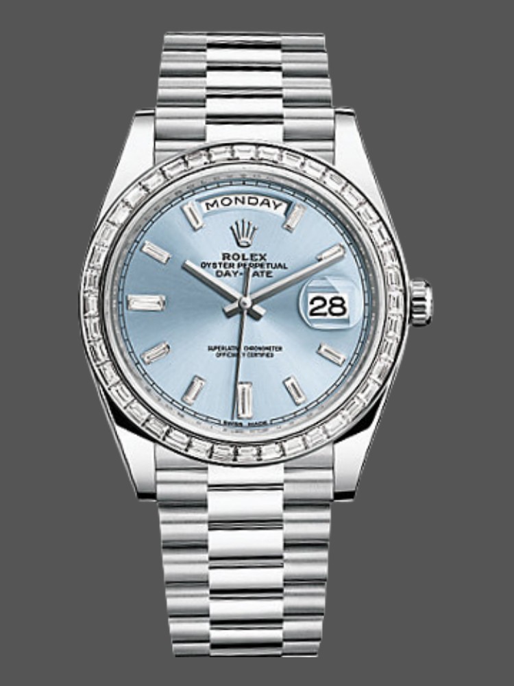 Rolex Day-Date 228396TBR Ice Blue Diamond Dial Diamond Bezel 40mm Mens Replica Watch