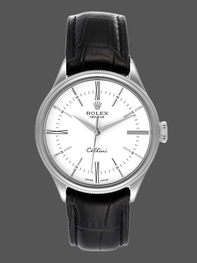 Rolex Cellini Time 50509 Black Leather Strap White Dial 39mm Mens Replica Watch
