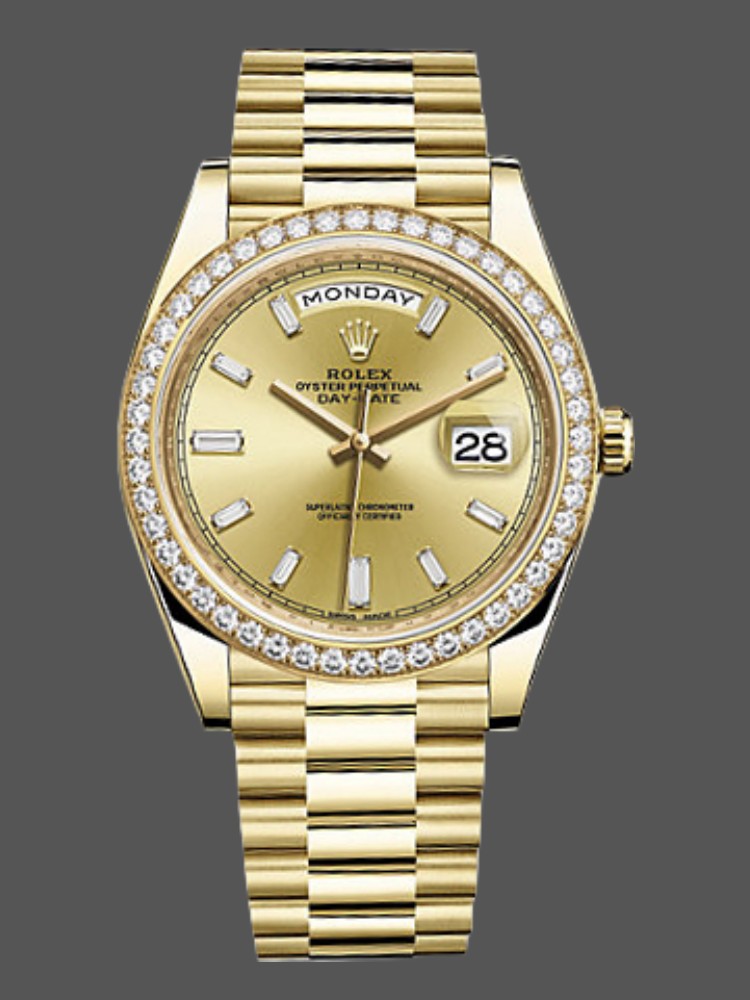 Rolex Day-Date 228348RBR Champagne Diamond Dial Diamond Bezel 40mm Mens Replica Watch